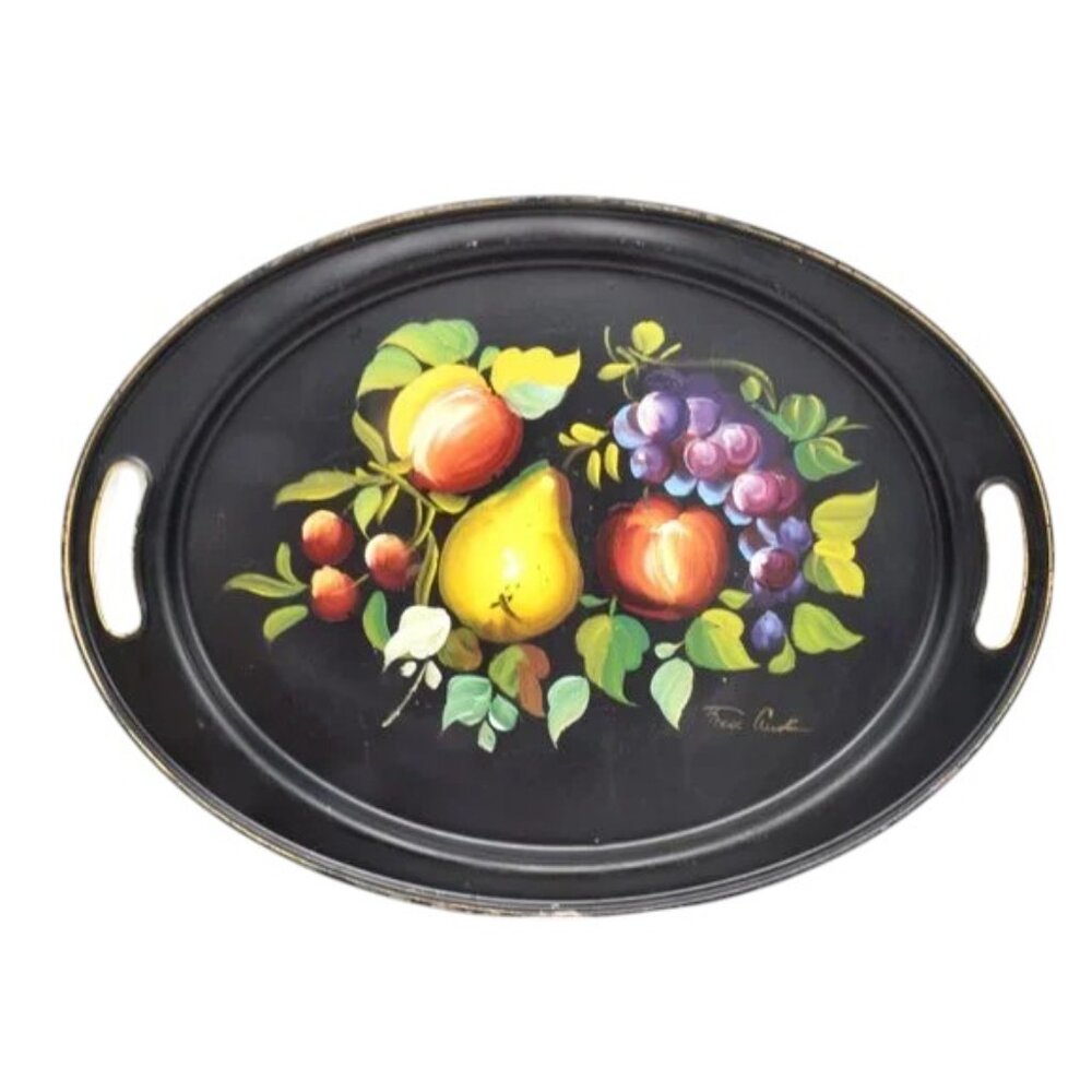 MCM Vintage Hand Painted Toleware Serving Tray Signed Fred Austin